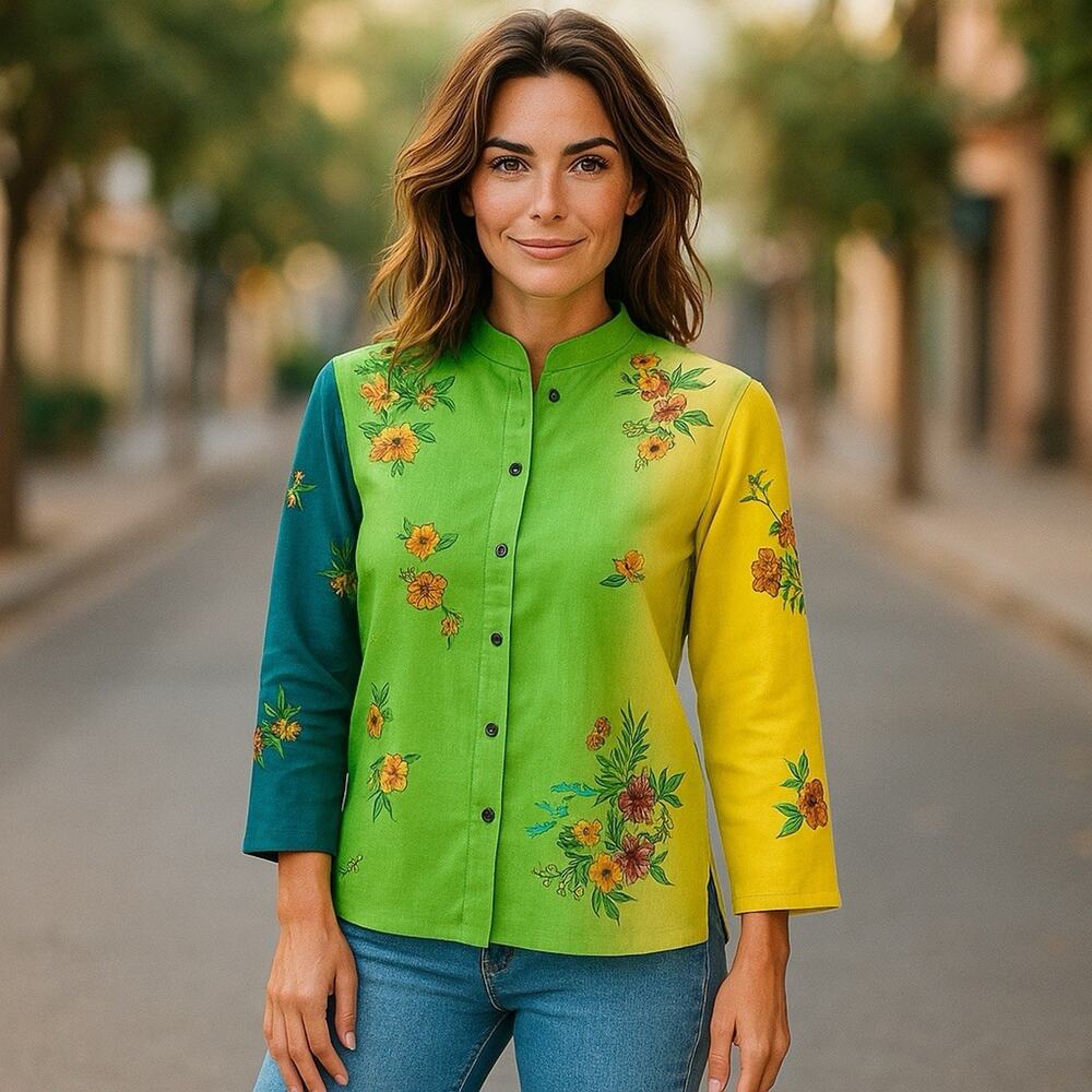 Marsh Landing Tropical Floral Top Size M Multicolor Blouse Long Sleeves